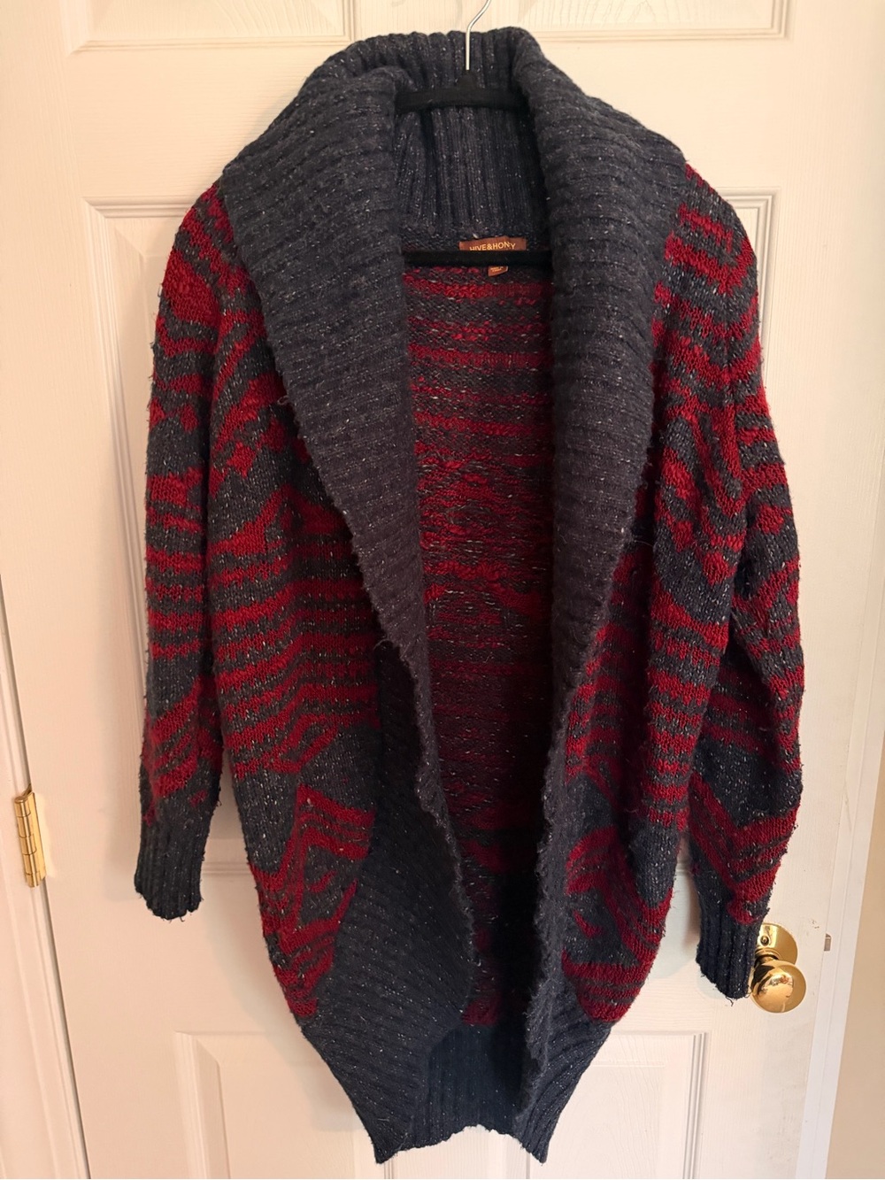 Hive & Honey Red and Navy Open-Front Shawl Collar Cardigan